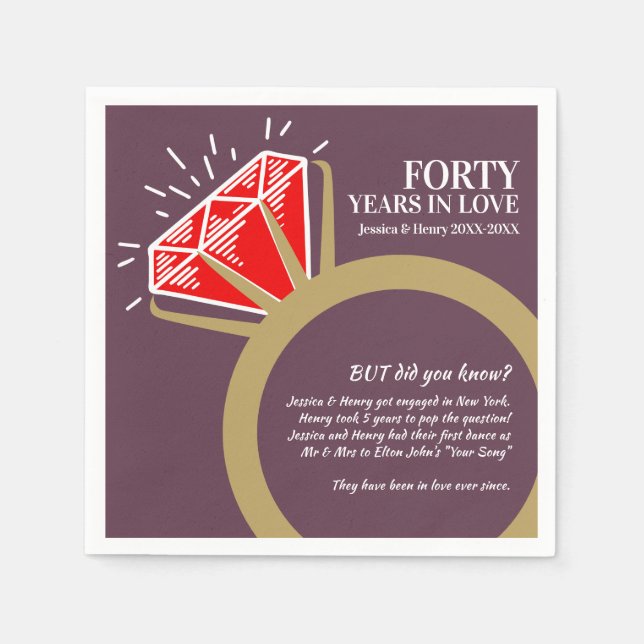 40th wedding anniversary party ruby ring fun facts napkins (Front)