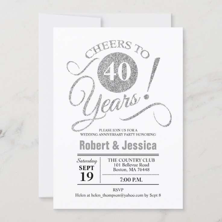 40th Wedding Anniversary Party - Silver White Invitation 