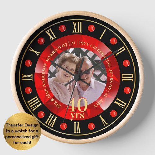 40th Wedding Anniversary PHOTO Gift Ruby Red Clock