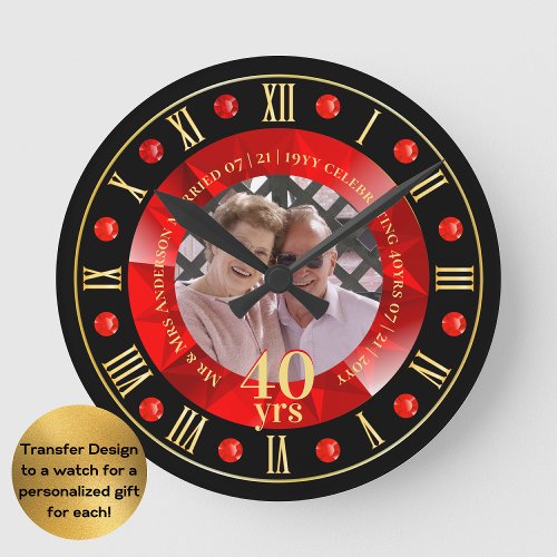 40th Wedding Anniversary PHOTO Gift Ruby Red Round Clock