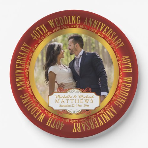 40th Wedding Anniversary Photo Red  Gold Tone Paper Plates