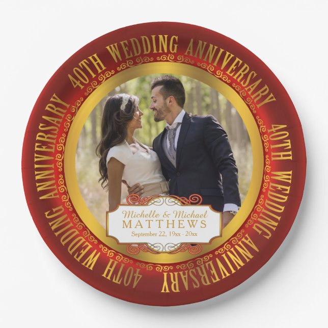 40th Wedding Anniversary Photo Red | Gold Tone Paper Plates (Front)