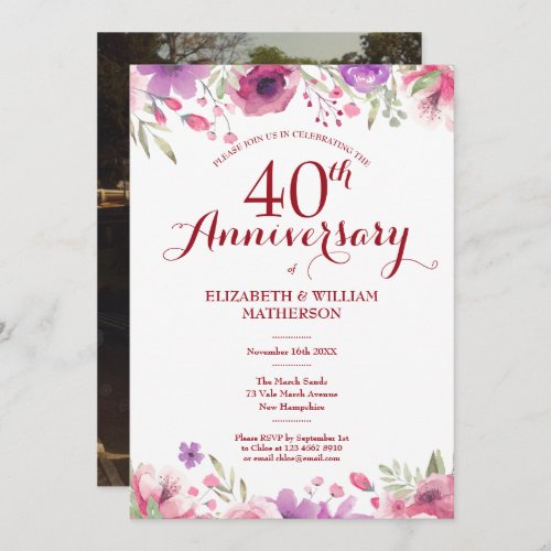 40th Wedding Anniversary Photo Watercolor Roses Invitation