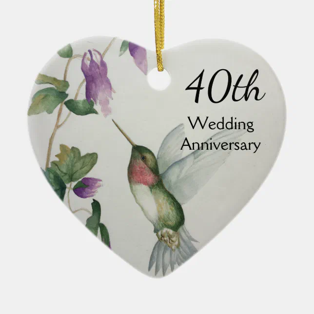 40th Wedding Anniversary Pretty Bird Flowers Heart Ceramic Ornament ...