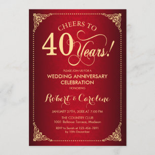 40th Wedding Anniversary - Red Gold Damask Invitation