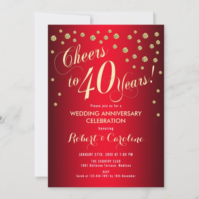 40th Wedding Anniversary - Red & Gold Invitation (Front)