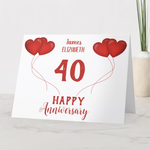 40th wedding anniversary red heart balloons thank you card