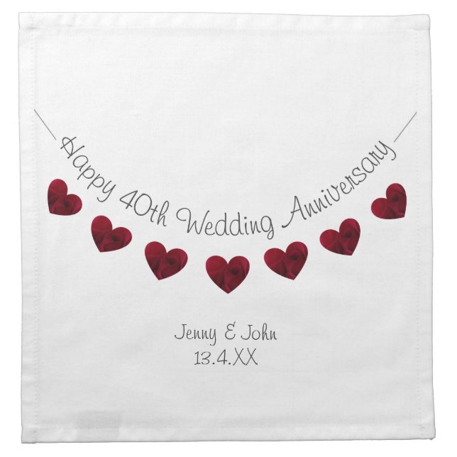 40th Wedding Anniversary red heart bunting Cloth Napkin (Front)