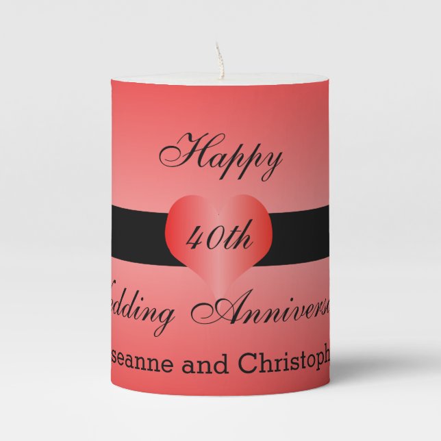 40th Wedding Anniversary Red Heart Pillar Candle (Front)