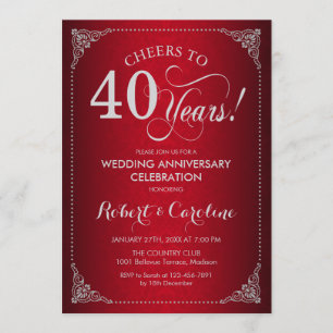 40th Wedding Anniversary - Red Silver Damask Invitation