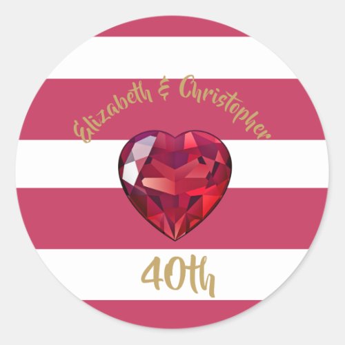 40th Wedding Anniversary Red Striped Elegant Classic Round Sticker