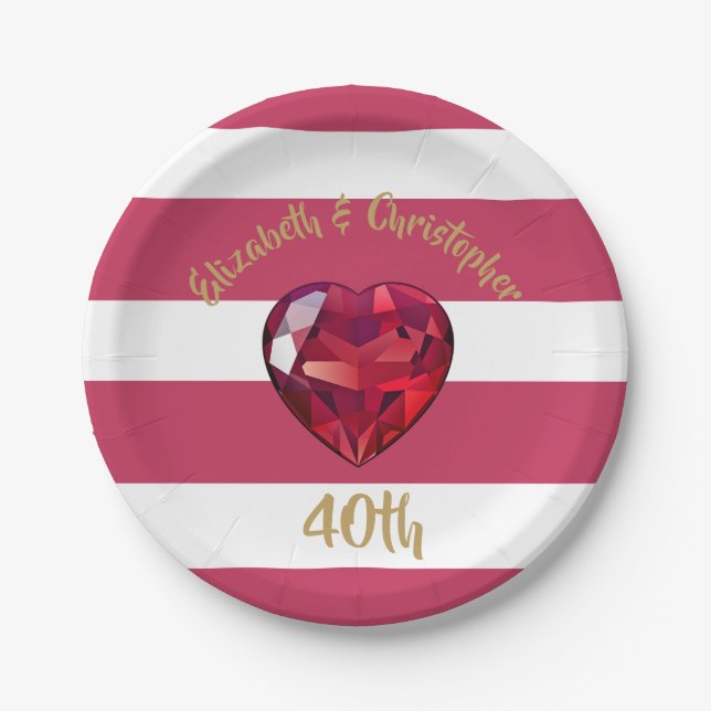 40th Wedding Anniversary Red Striped Elegant Paper Plates (Front)