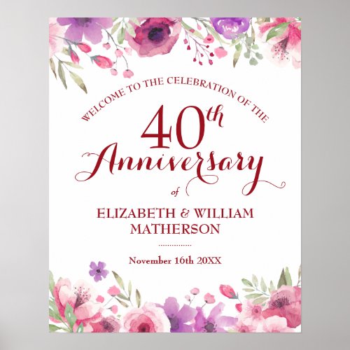 40th Wedding Anniversary Roses Floral Welcome Sign