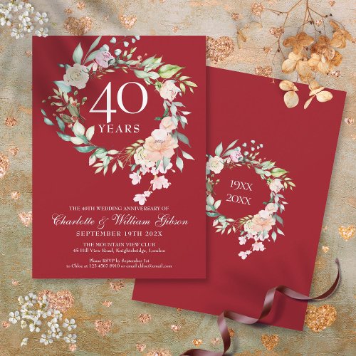 40th Wedding Anniversary Roses Garland Ruby Invitation