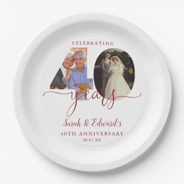 40th Wedding Anniversary Ruby 2 Photo Paper Plates (Front)