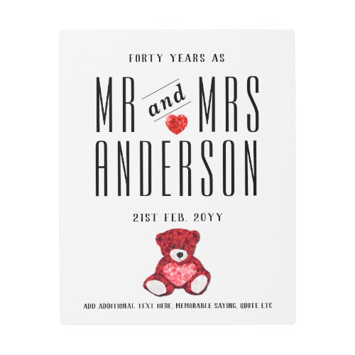 40th Wedding Anniversary Ruby Bear Mr Mrs Metal Print