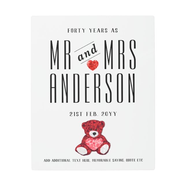 40th Wedding Anniversary Ruby Bear Mr Mrs Metal Print (Front)