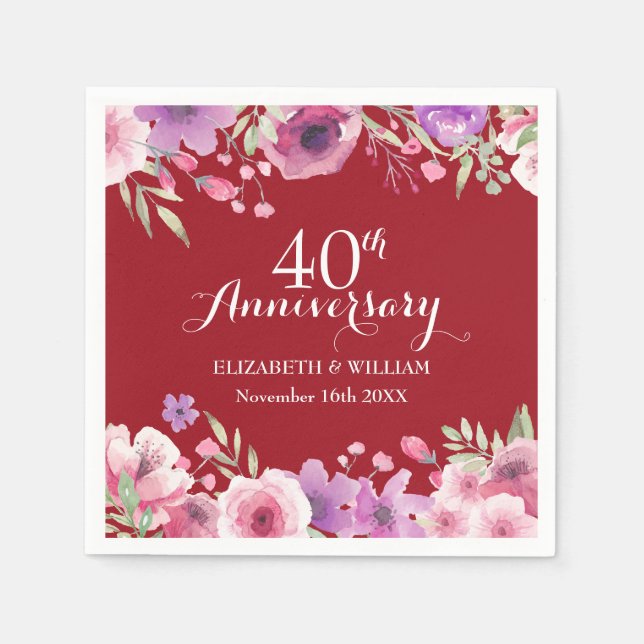 40th Wedding Anniversary Ruby Country Floral Napkins (Front)