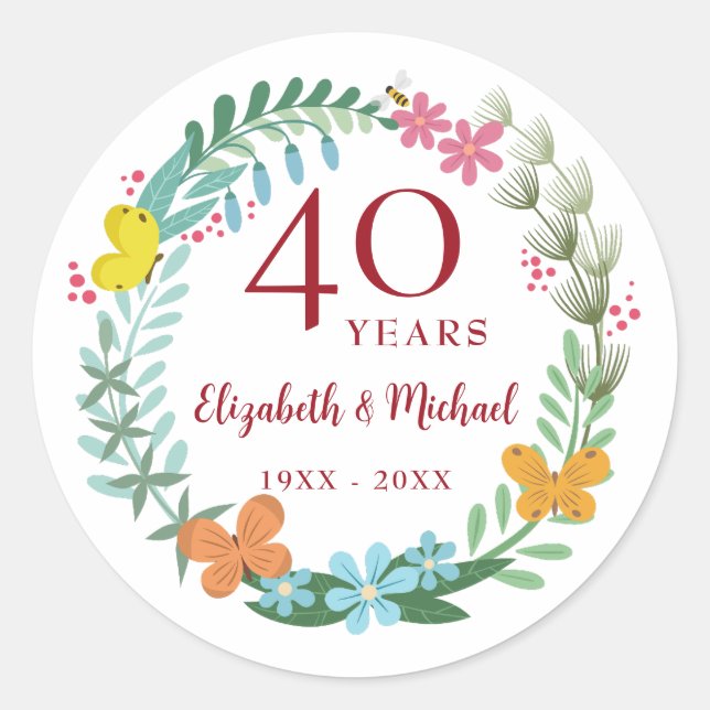 40th Wedding Anniversary Ruby Floral Butterfly Classic Round Sticker (Front)