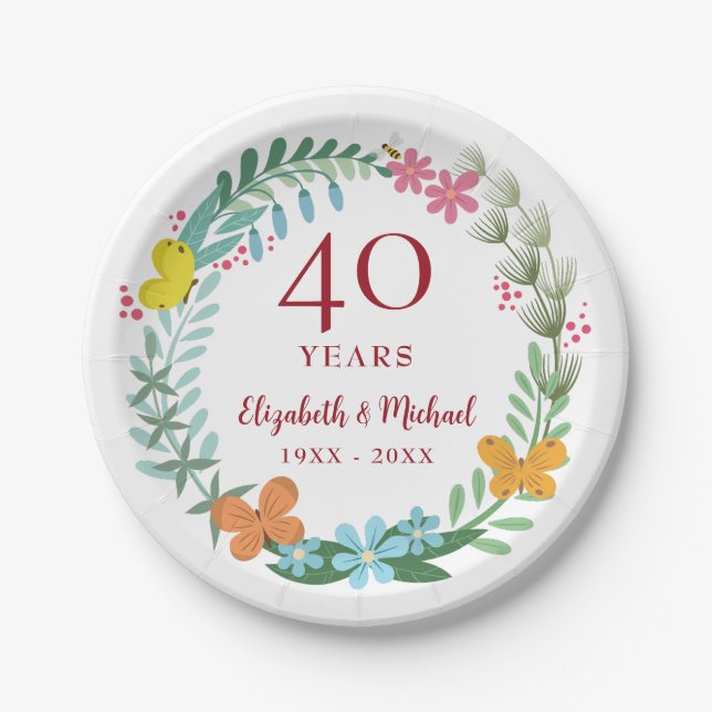 40th Wedding Anniversary Ruby Floral Butterfly Paper Plates (Front)