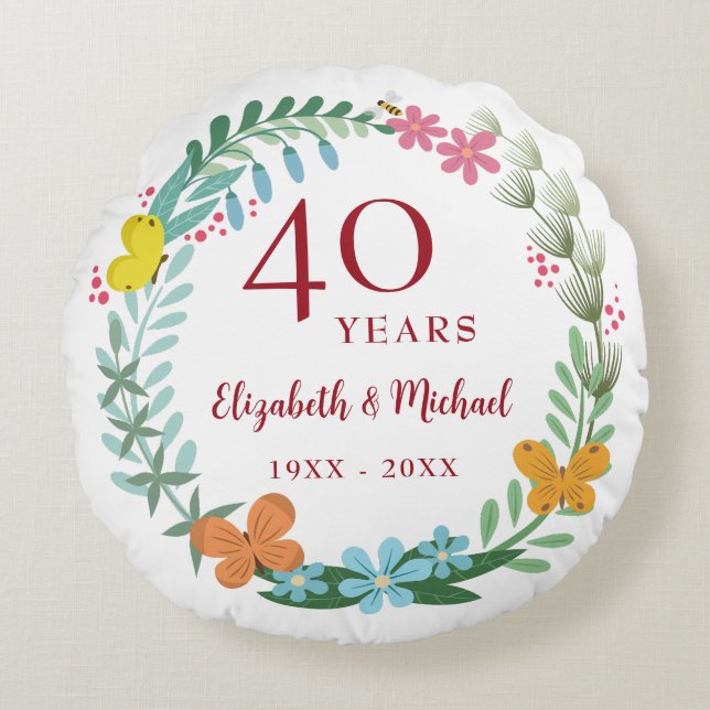 40th Wedding Anniversary Ruby Floral Butterfly Round Pillow (Front)