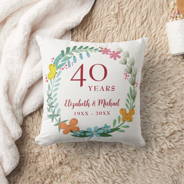 40th Wedding Anniversary Ruby Floral Butterfly Throw Pillow (Blanket)