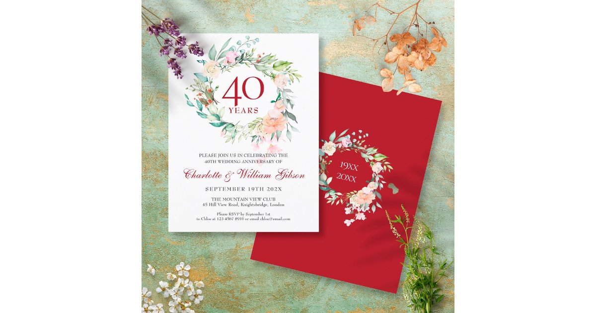 40th Wedding Anniversary Ruby Floral Garland Invitation Postcard | Zazzle