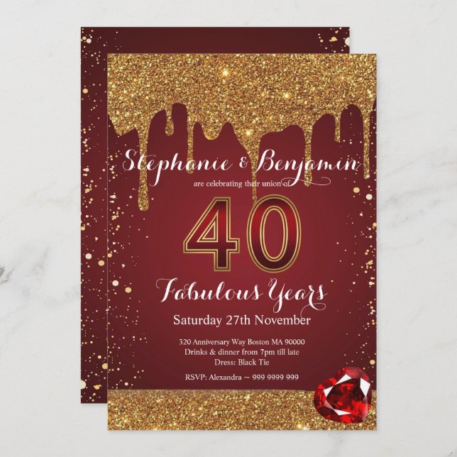 40th Wedding Anniversary Ruby Gold Glitter Drips Invitation (Front/Back)
