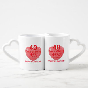40th Wedding Anniversary Ruby Heart Mr Mrs Right Coffee Mug Set