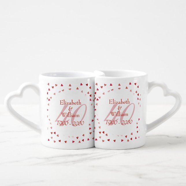 40th Wedding Anniversary Ruby Hearts Confetti Coffee Mug Set (Front Nesting)