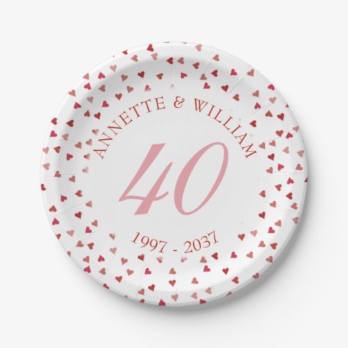 40th Wedding Anniversary Ruby Hearts Confetti Paper Plates