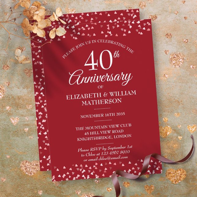40th Wedding Anniversary Ruby Hearts Invitation (40th Wedding Anniversary Ruby Hearts Invitation)