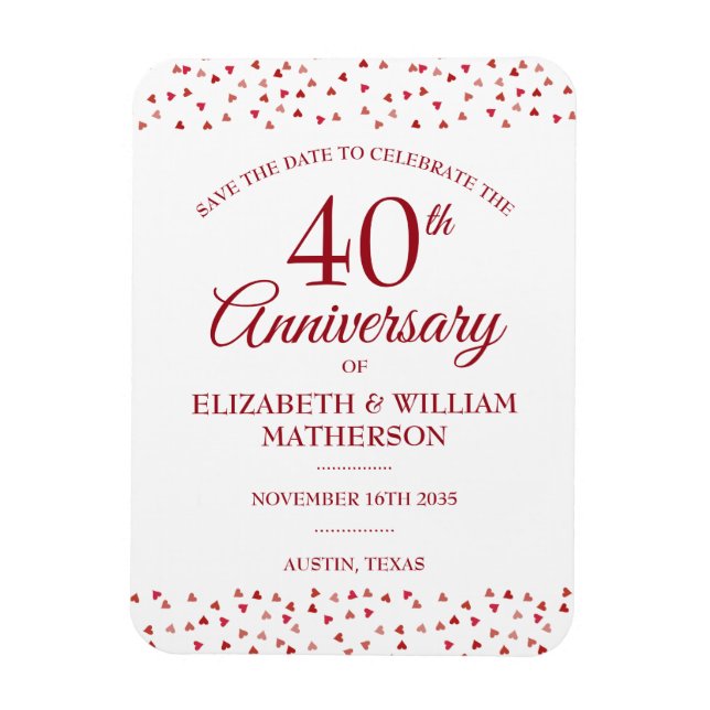 40th Wedding Anniversary Ruby Hearts Save the Date Magnet (Vertical)