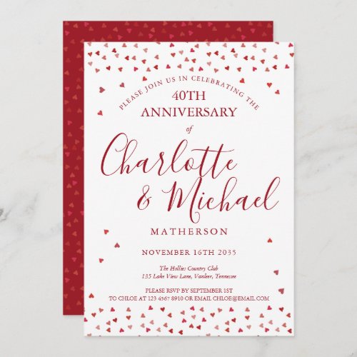 40th Wedding Anniversary Ruby Hearts Script Invitation