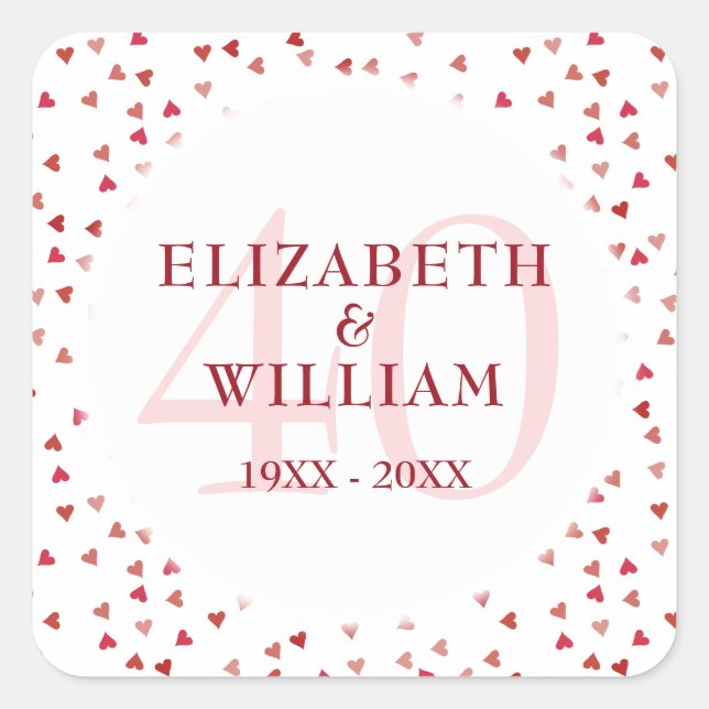 40th Wedding Anniversary Ruby Hearts Square Sticker (Front)