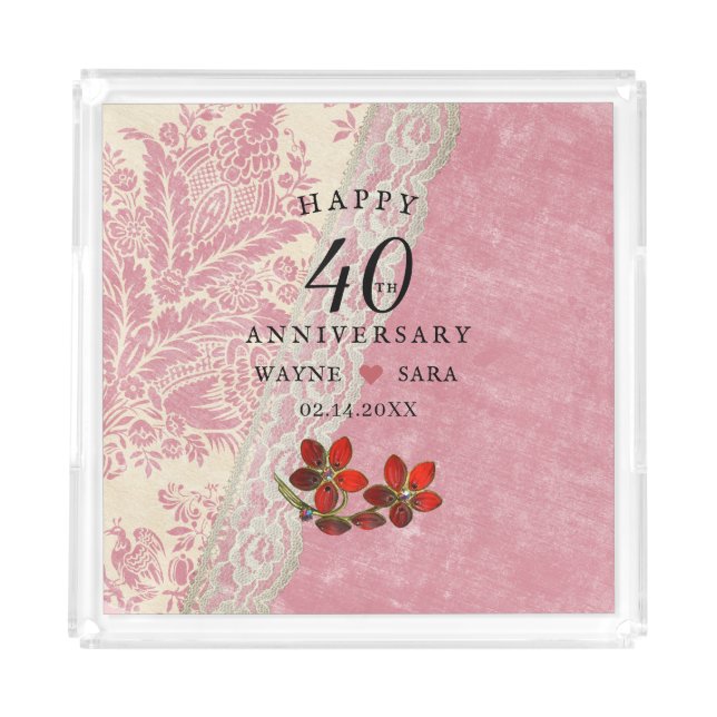 40th Wedding Anniversary Ruby Jewel Acrylic Tray (Front)