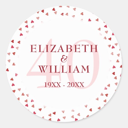 40th Wedding Anniversary Ruby Love Hearts Confetti Classic Round Sticker