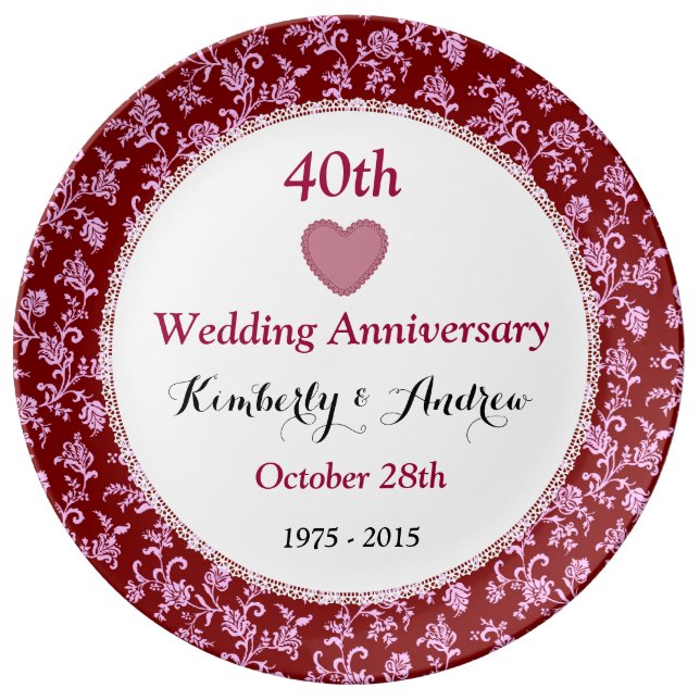 40th Wedding Anniversary Ruby Red Floral W40B Porcelain Plate (Front)