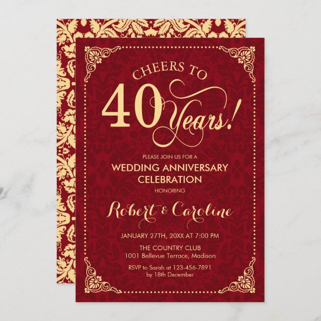 40th Wedding Anniversary - Ruby Red Gold Damask Invitation (Front/Back)