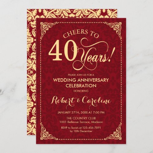 40th Wedding Anniversary _ Ruby Red Gold Damask Invitation