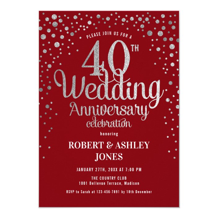 40th Wedding Anniversary - Ruby Red & Silver Invitation | Zazzle.com