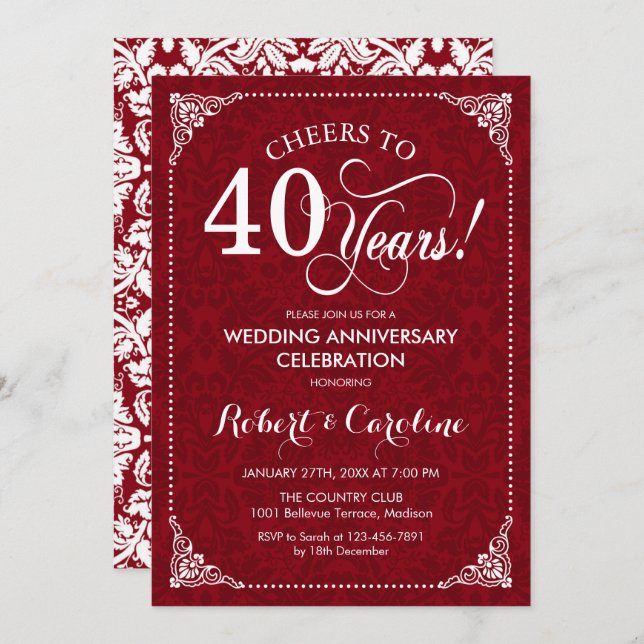 40th Wedding Anniversary - Ruby Red White Damask Invitation (Front/Back)
