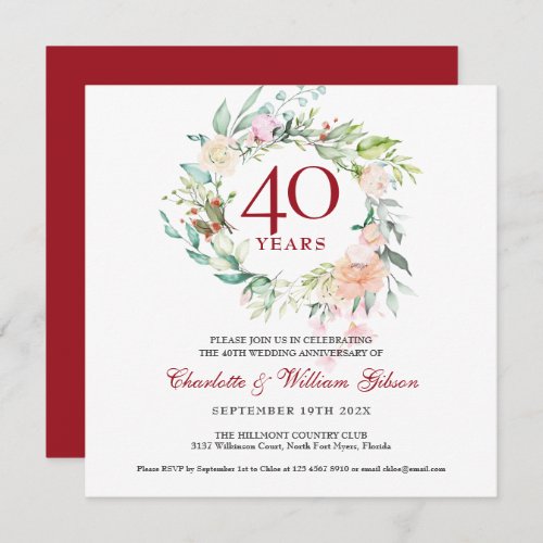 40th Wedding Anniversary Ruby Roses Floral Invitation