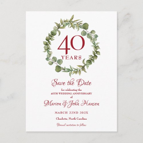 40th Wedding Anniversary Ruby Save the Date Announcement Postcard