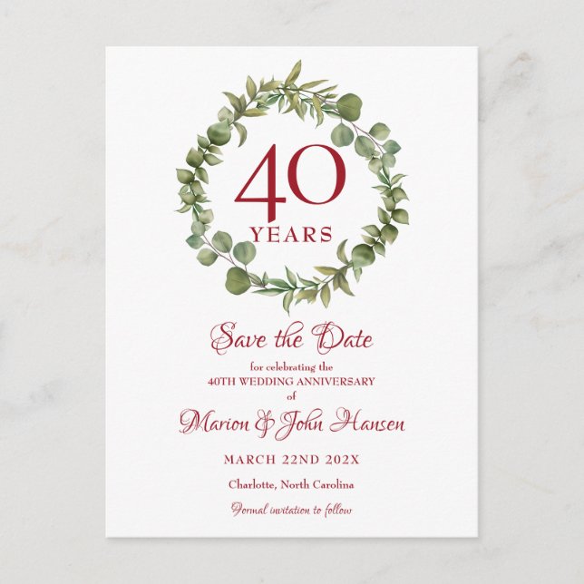40th Wedding Anniversary Ruby Save the Date Announcement Postcard (Front)