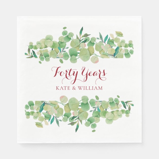 40th Wedding Anniversary Ruby Script Greenery  Napkins (Front)