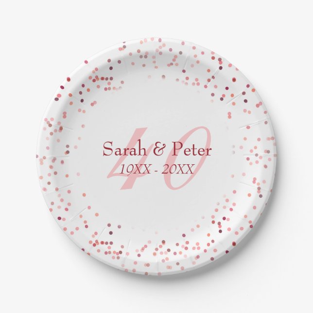 40th Wedding Anniversary Ruby Stardust Confetti Paper Plates (Front)