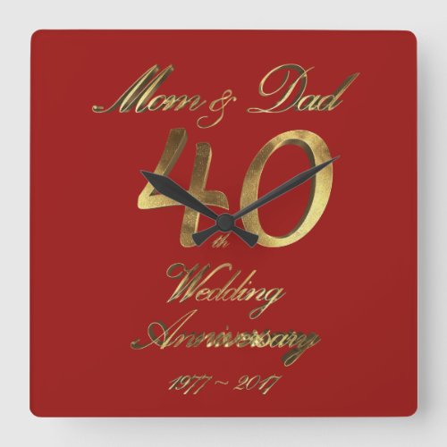 40th Wedding Anniversary Ruby Wedding Parents Square Wall Clock