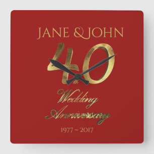 40th Wedding Anniversary Ruby Wedding Red Gold Square Wall Clock