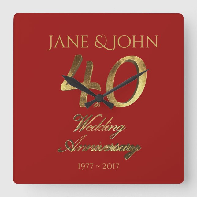 40th Wedding Anniversary Ruby Wedding Red Gold Square Wall Clock (Front)